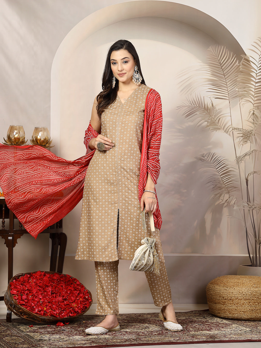 Beige Gold Printed Rayon A-Line Kurta Pant Dupatta Set