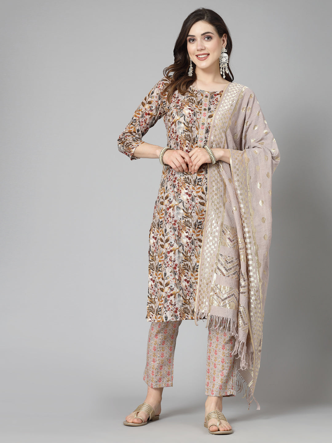 Plus Size Floral Printed Cotton Blend Straight Kurta Pant Dupatta Set