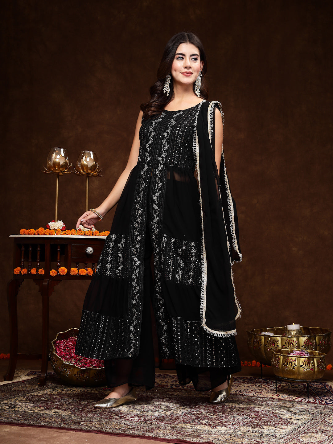 Black Georgette Embroidered Tiered Kurta Pant Dupatta Set