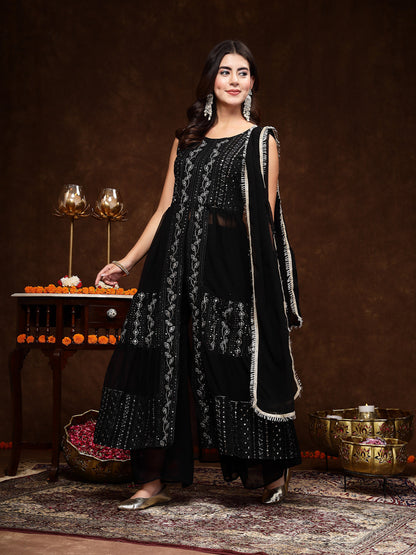 Black Georgette Embroidered Tiered Kurta Pant Dupatta Set