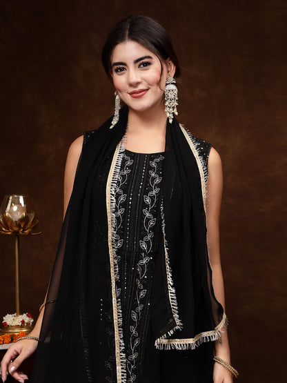 Black Georgette Embroidered Tiered Kurta Pant Dupatta Set