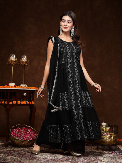 Black Georgette Embroidered Tiered Kurta Pant Dupatta Set