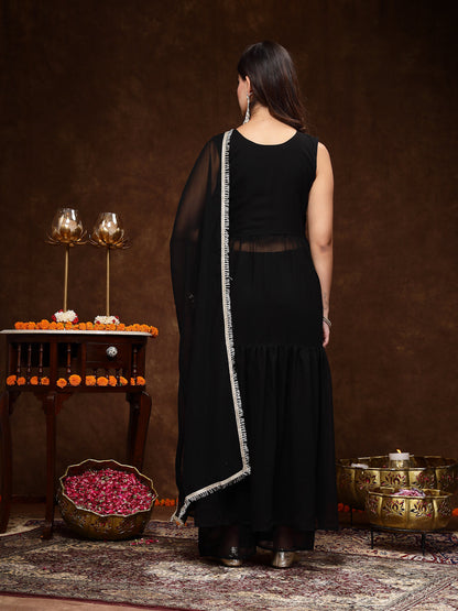 Black Georgette Embroidered Tiered Kurta Pant Dupatta Set