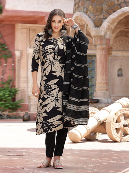 Black Tropical Printed Muslin Straight Silk Kurta Pant Dupatta Set