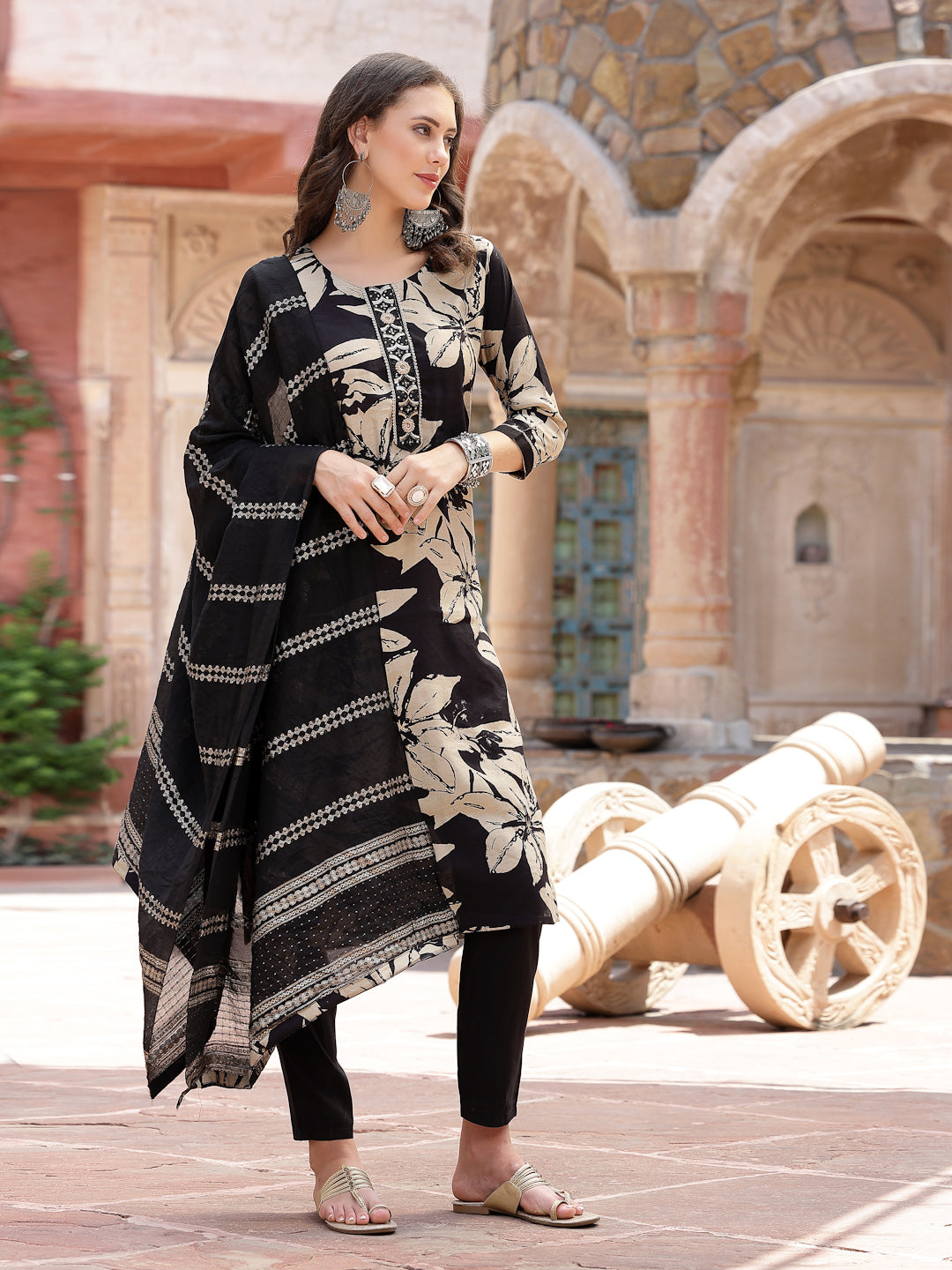 Black Tropical Printed Muslin Straight Silk Kurta Pant Dupatta Set