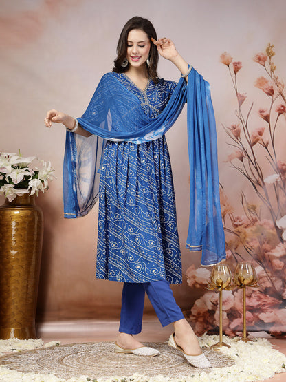 Bandhej Printed Rayon Alia Cut Kurta Pant Dupatta Set