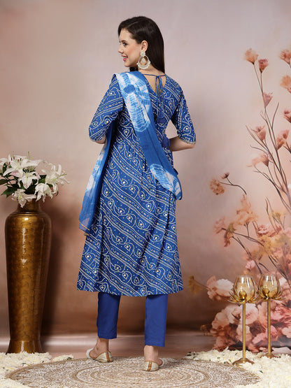 Bandhej Printed Rayon Alia Cut Kurta Pant Dupatta Set