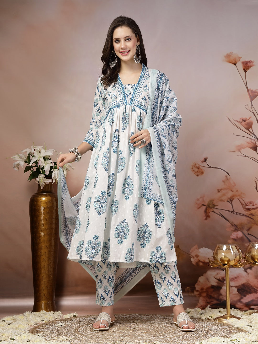 White Ethnic Motif Printed Cotton A-Line Kurta Pant Dupatta Set