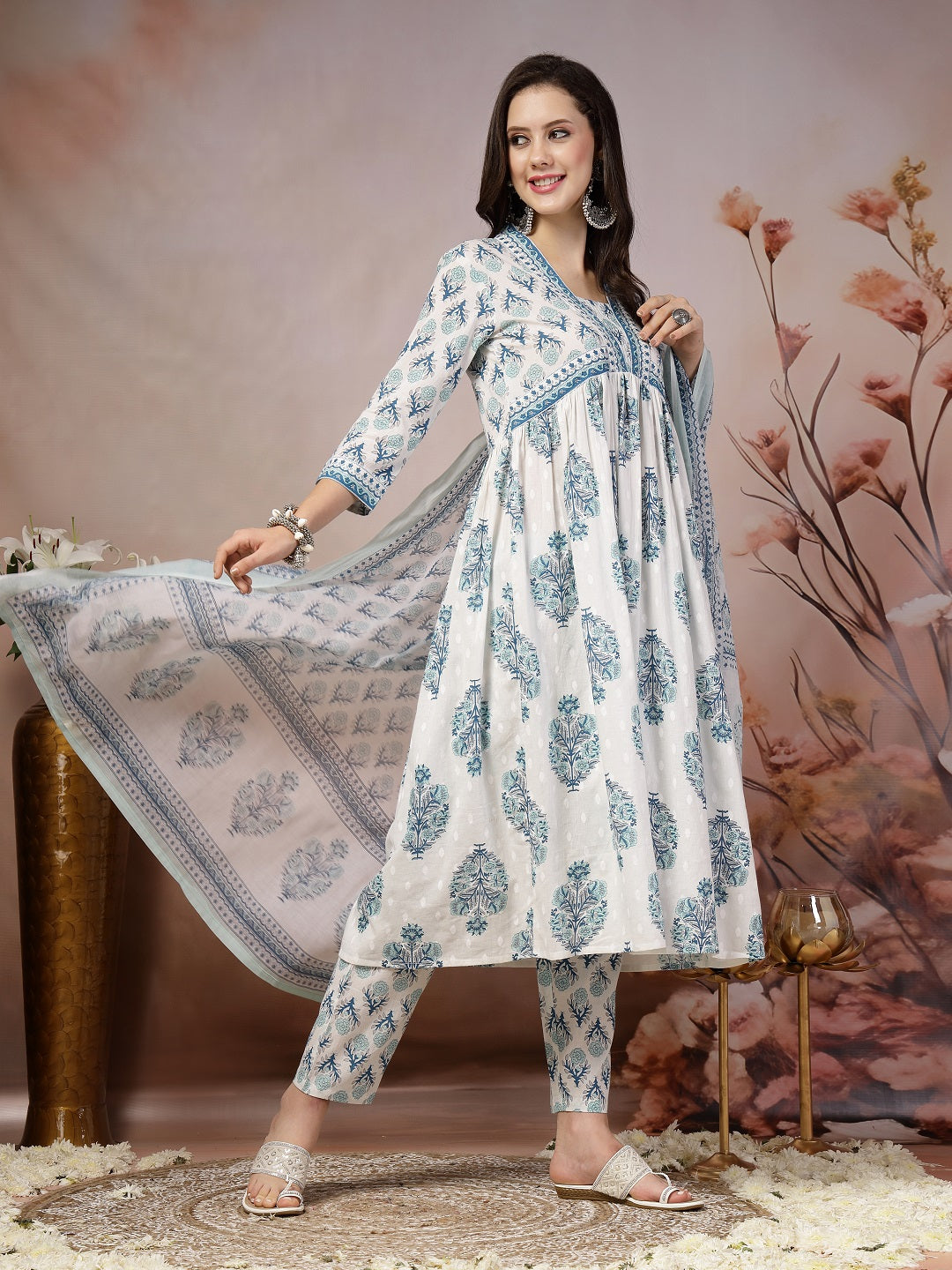 White Ethnic Motif Printed Cotton A-Line Kurta Pant Dupatta Set