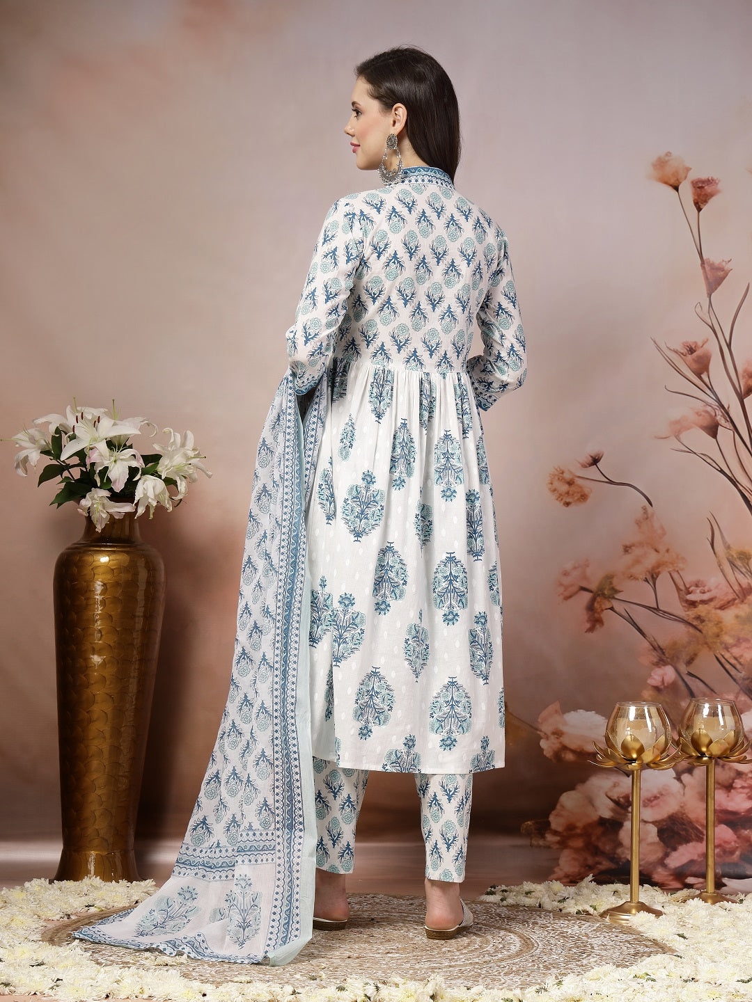 White Ethnic Motif Printed Cotton A-Line Kurta Pant Dupatta Set