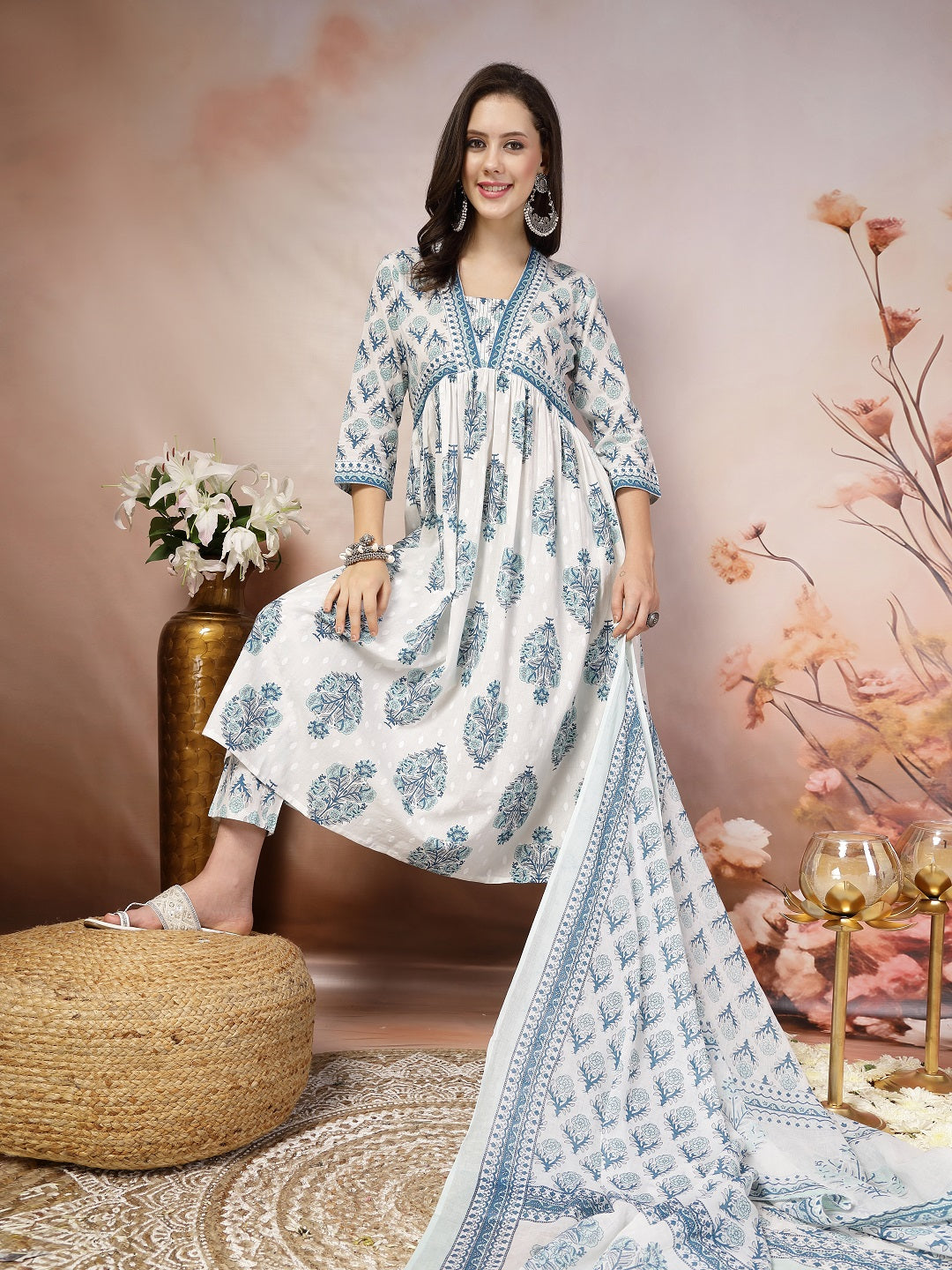 White Ethnic Motif Printed Cotton A-Line Kurta Pant Dupatta Set