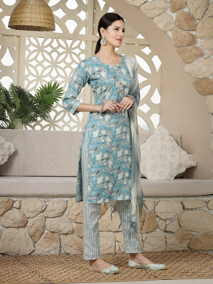 Blue Tropical Printed Cotton Blend Straight Kurta Pant Dupatta Set