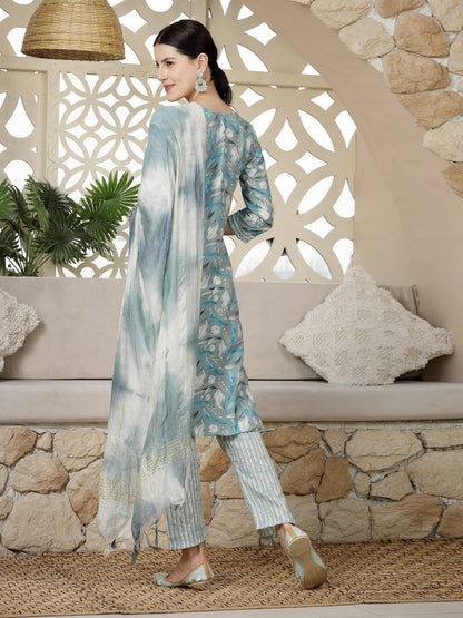 Blue Tropical Printed Cotton Blend Straight Kurta Pant Dupatta Set