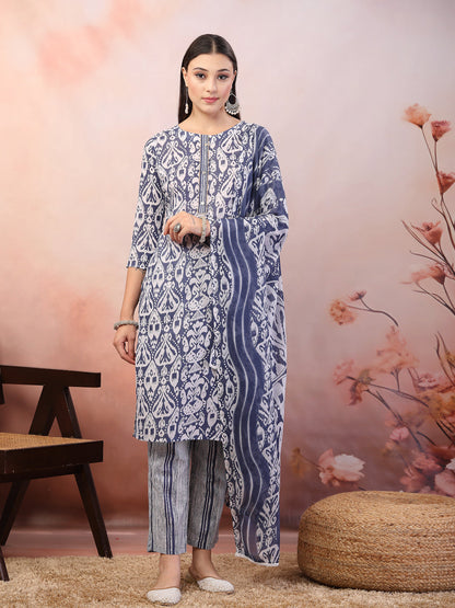 Blue Printed Cotton Straight Kurta Pant Dupatta Set