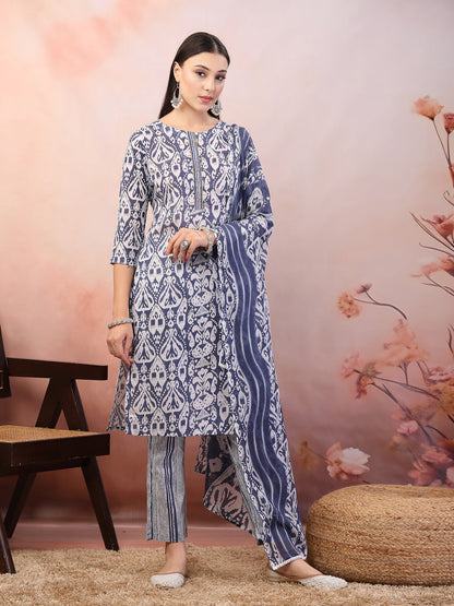 Blue Printed Cotton Straight Kurta Pant Dupatta Set