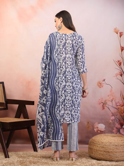 Blue Printed Cotton Straight Kurta Pant Dupatta Set