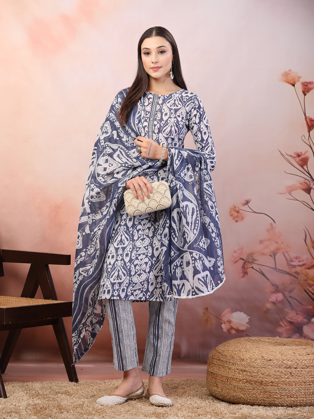 Blue Printed Cotton Straight Kurta Pant Dupatta Set