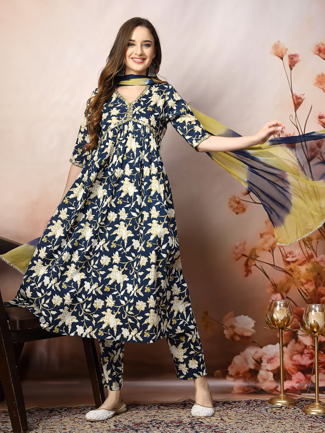 Floral Printed Cotton Pleated Kurta Pant Dupatta Set