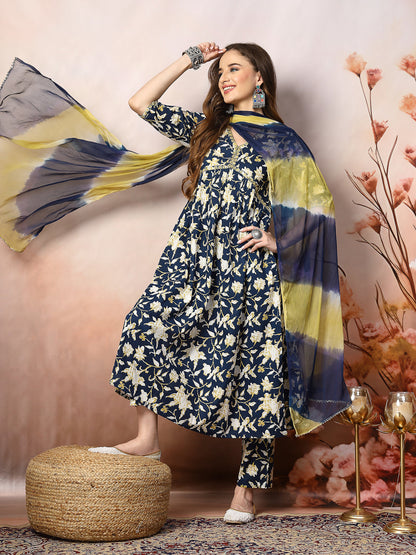 Floral Printed Cotton Pleated Kurta Pant Dupatta Set