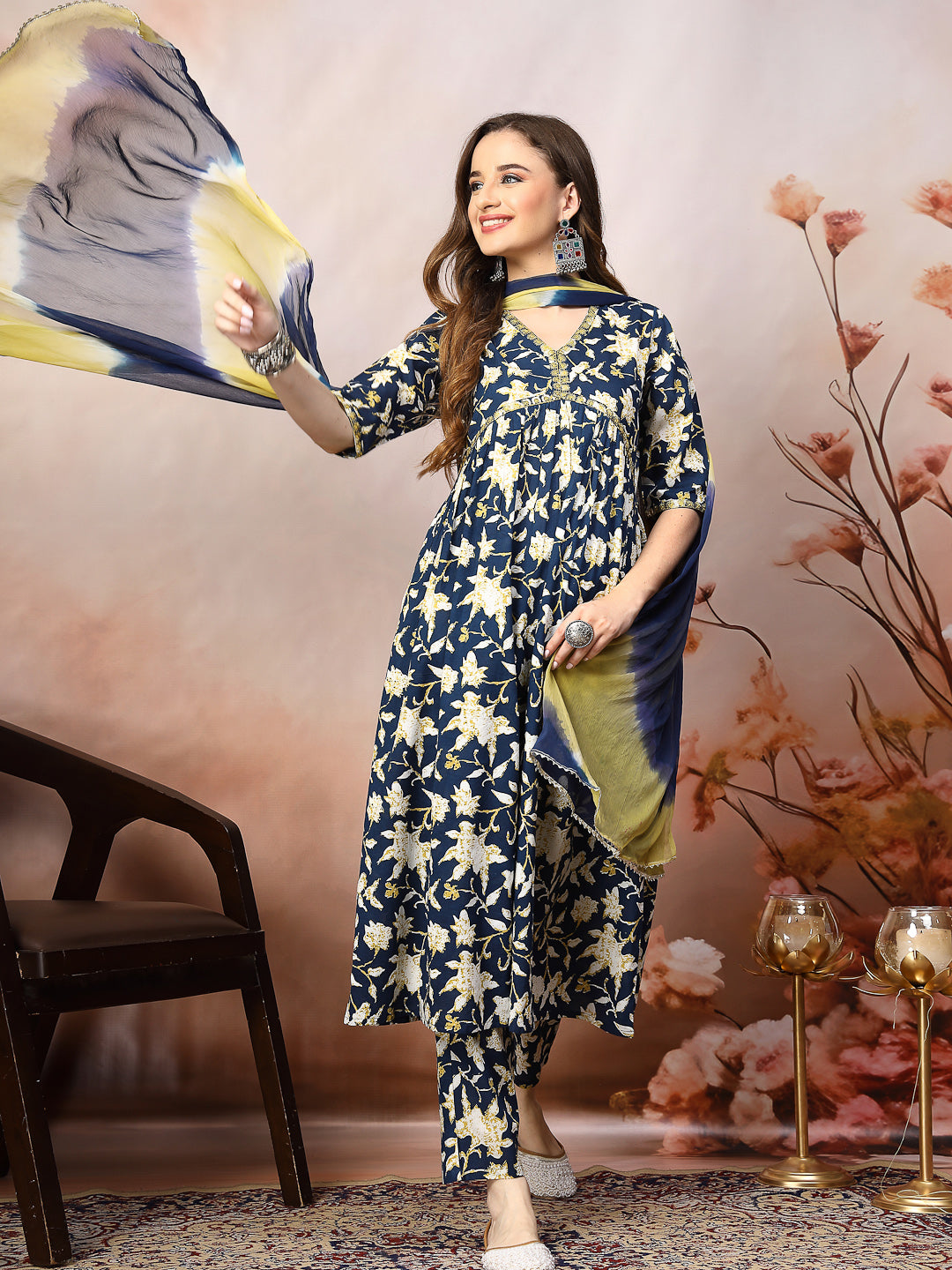 Floral Printed Cotton Pleated Kurta Pant Dupatta Set