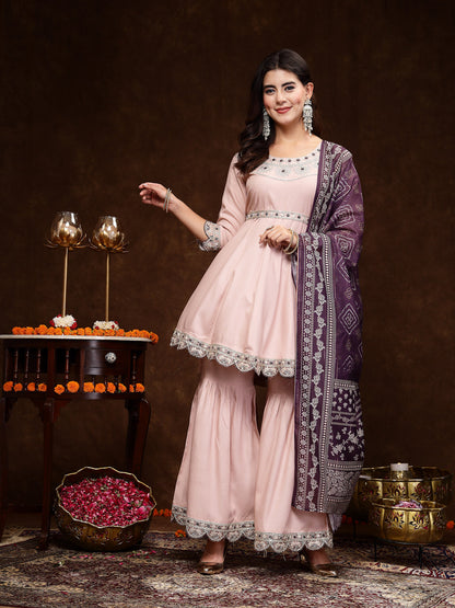 Rose Gold Solid & Embroidered Rayon Short Kurti Sharara Dupatta Set