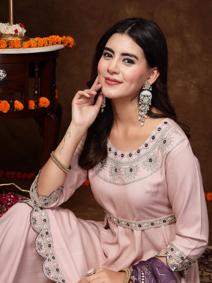 Rose Gold Solid & Embroidered Rayon Short Kurti Sharara Dupatta Set