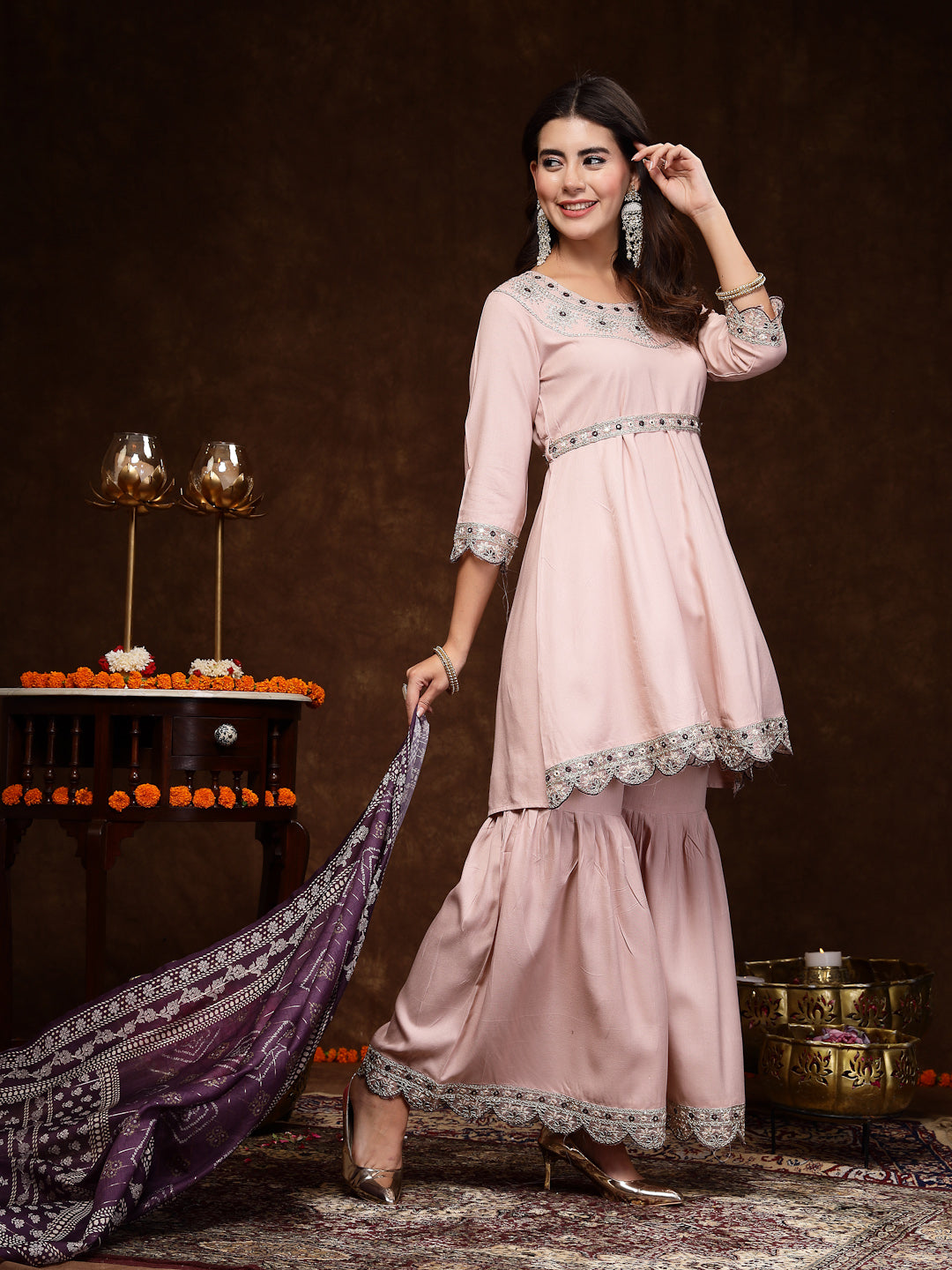 Rose Gold Solid & Embroidered Rayon Short Kurti Sharara Dupatta Set