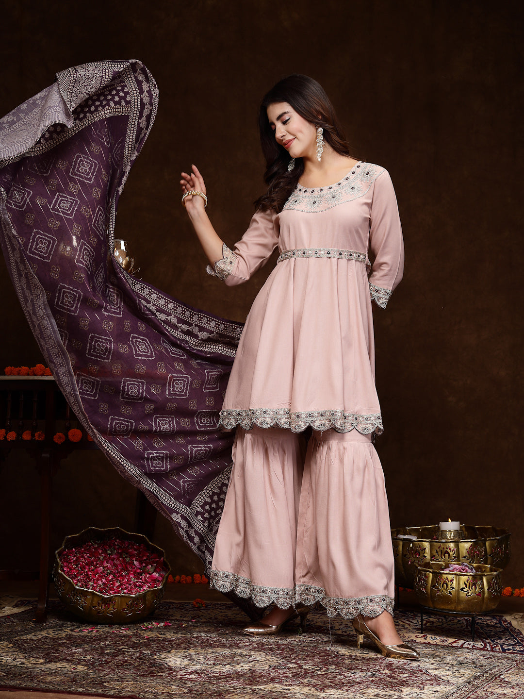 Rose Gold Solid & Embroidered Rayon Short Kurti Sharara Dupatta Set