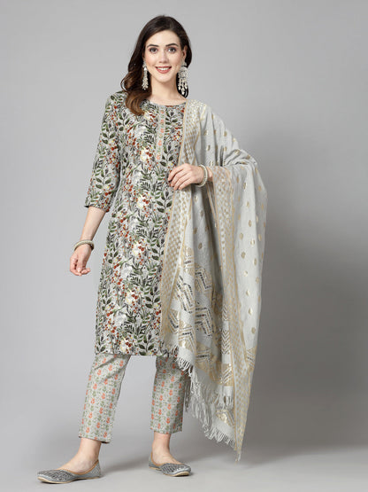 Plus Size Floral Printed Cotton Blend Straight Kurta Pant Dupatta Set