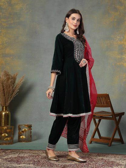 Green Solid & Embroidered Velvet Flared Short Kurta Pant Dupatta Set