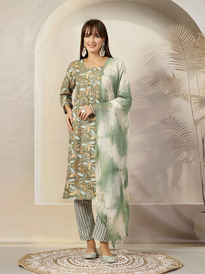 Green Tropical Printed Cotton Blend Straight Kurta Pant Dupatta Set