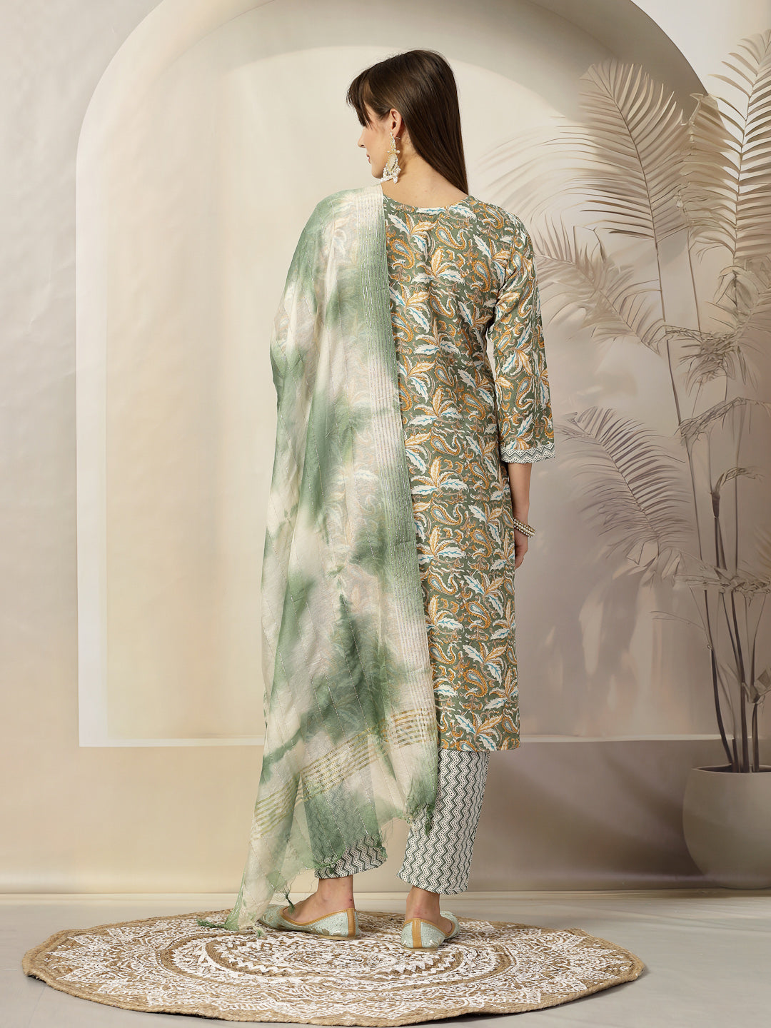 Green Tropical Printed Cotton Blend Straight Kurta Pant Dupatta Set