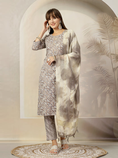 Grey Ethnic Printed Cotton Blend Straight Kurta Pant Dupatta Set