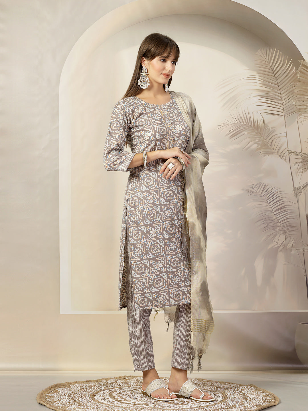 Grey Ethnic Printed Cotton Blend Straight Kurta Pant Dupatta Set