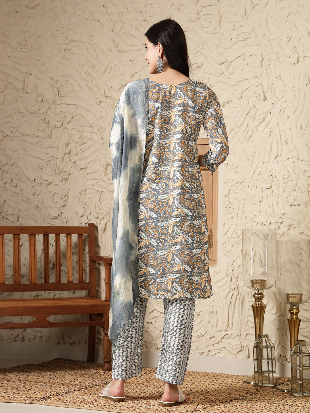 Grey Tropical Printed Cotton Blend Straight Kurta Pant Dupatta Set