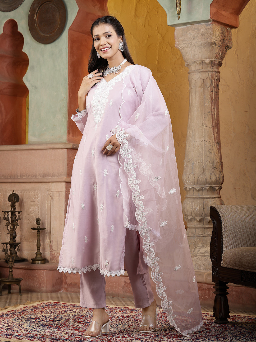 Lavender Solid & Embroidered Silk Straight Kurta Pant Dupatta Set