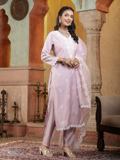 Lavender Solid & Embroidered Silk Straight Kurta Pant Dupatta Set