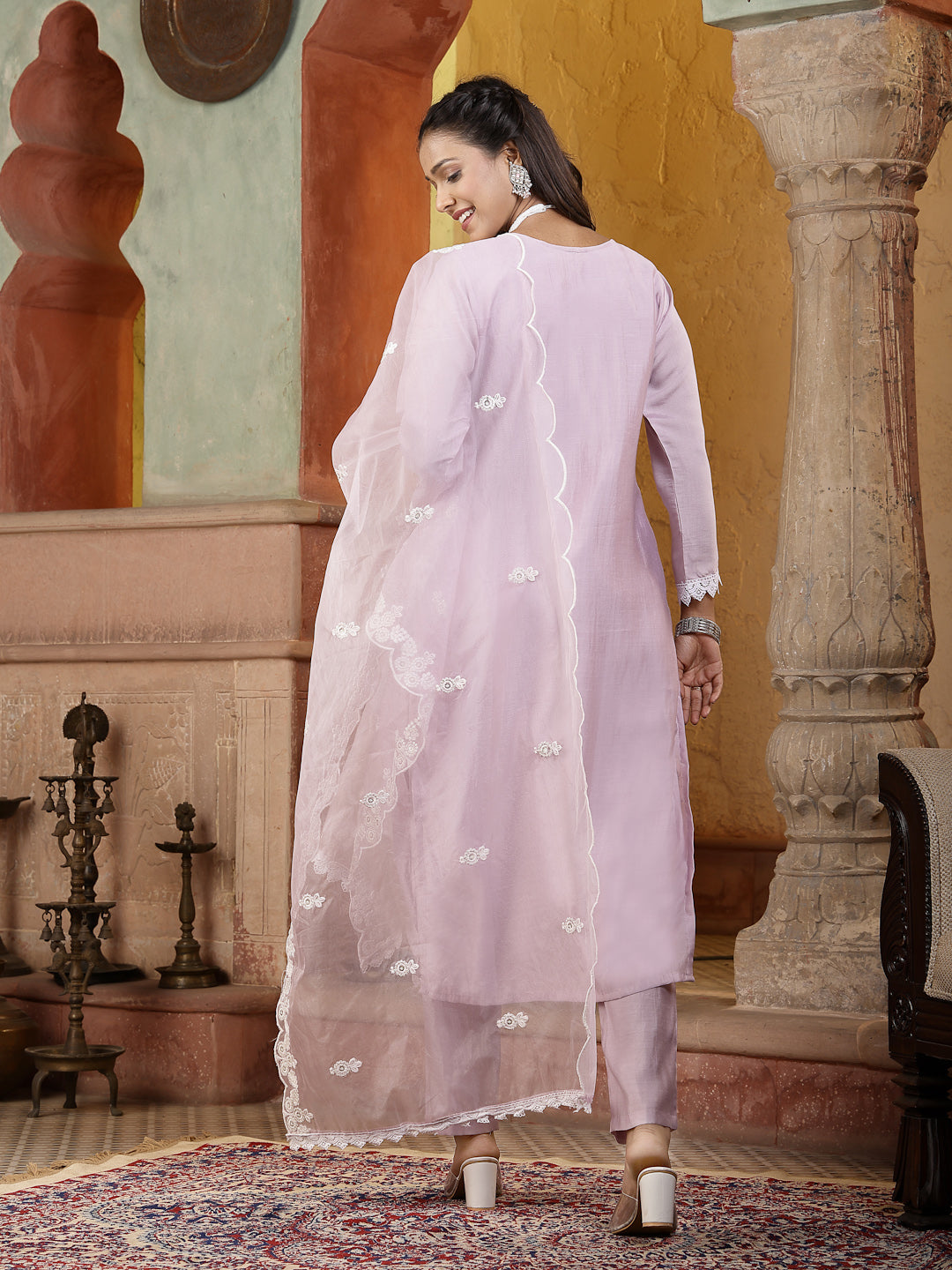 Lavender Solid & Embroidered Silk Straight Kurta Pant Dupatta Set