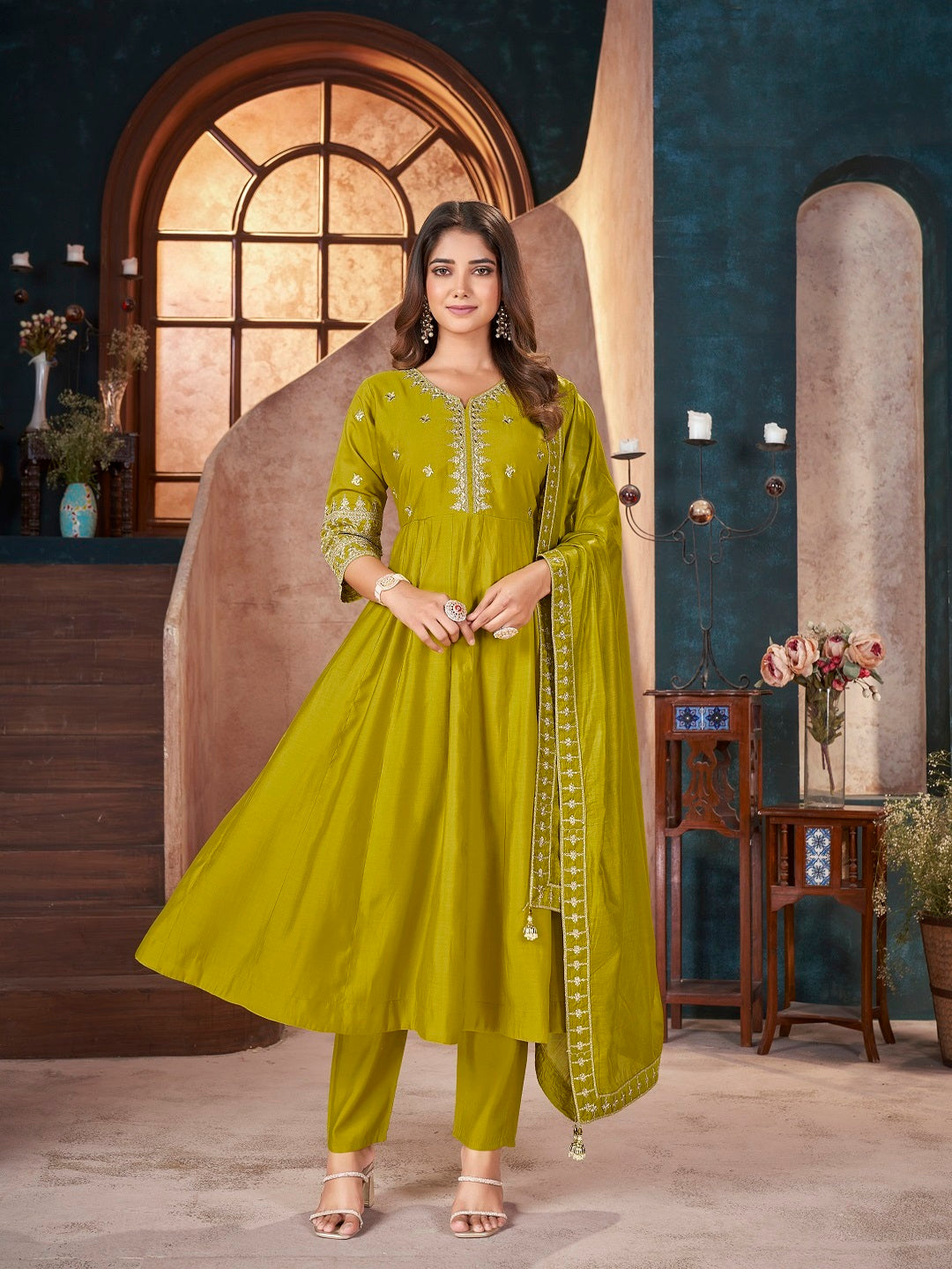 Lime Green Solid & Embroidered Silk Anarkali Kurta Pant Dupatta Set