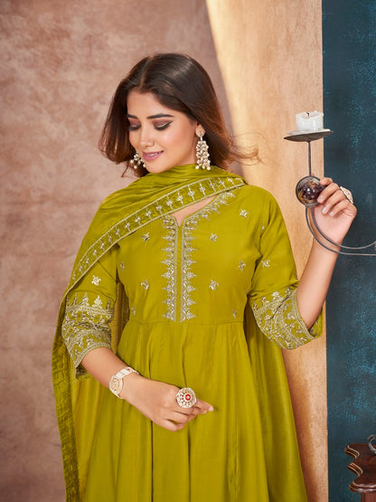 Lime Green Solid & Embroidered Silk Anarkali Kurta Pant Dupatta Set