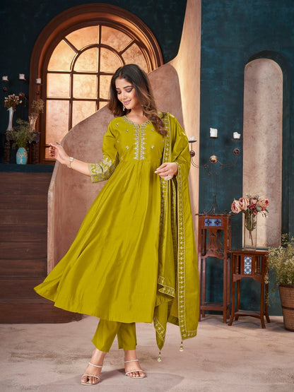 Lime Green Solid & Embroidered Silk Anarkali Kurta Pant Dupatta Set