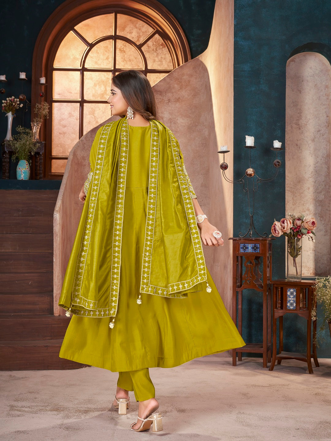 Lime Green Solid & Embroidered Silk Anarkali Kurta Pant Dupatta Set