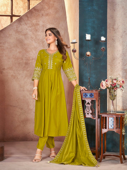 Lime Green Solid & Embroidered Silk Anarkali Kurta Pant Dupatta Set