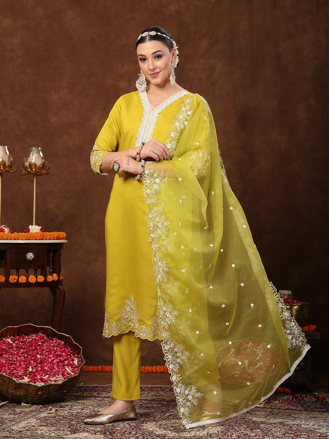 Lime Green Solid & Embroidered Silk Straight Kurta Pant Dupatta Set