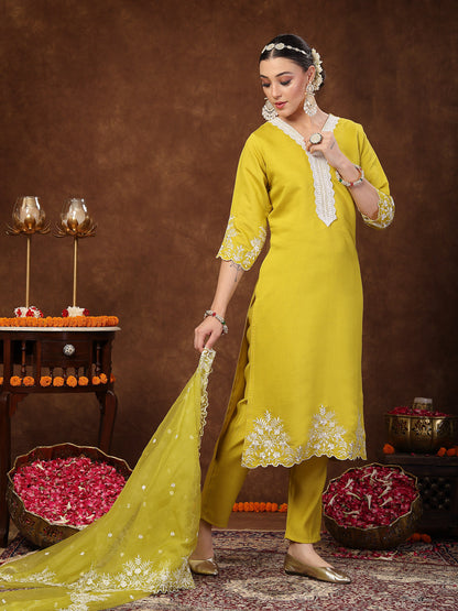 Lime Green Solid & Embroidered Silk Straight Kurta Pant Dupatta Set