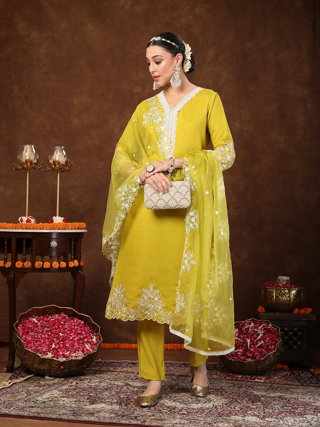 Lime Green Solid & Embroidered Silk Straight Kurta Pant Dupatta Set