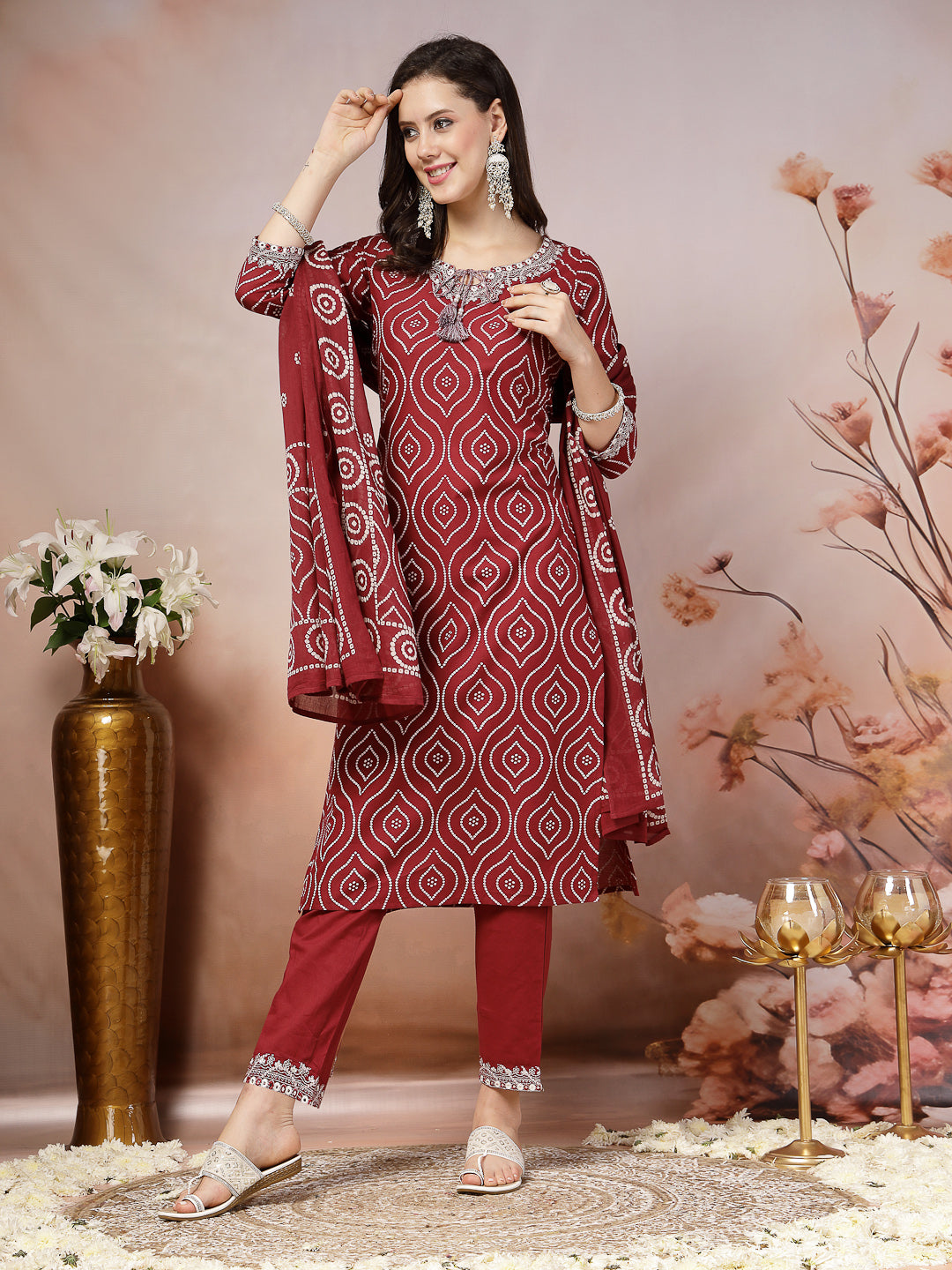 Maroon Bandhani Printed & Embroidered Cotton Straight Kurta Pant Dupatta Set