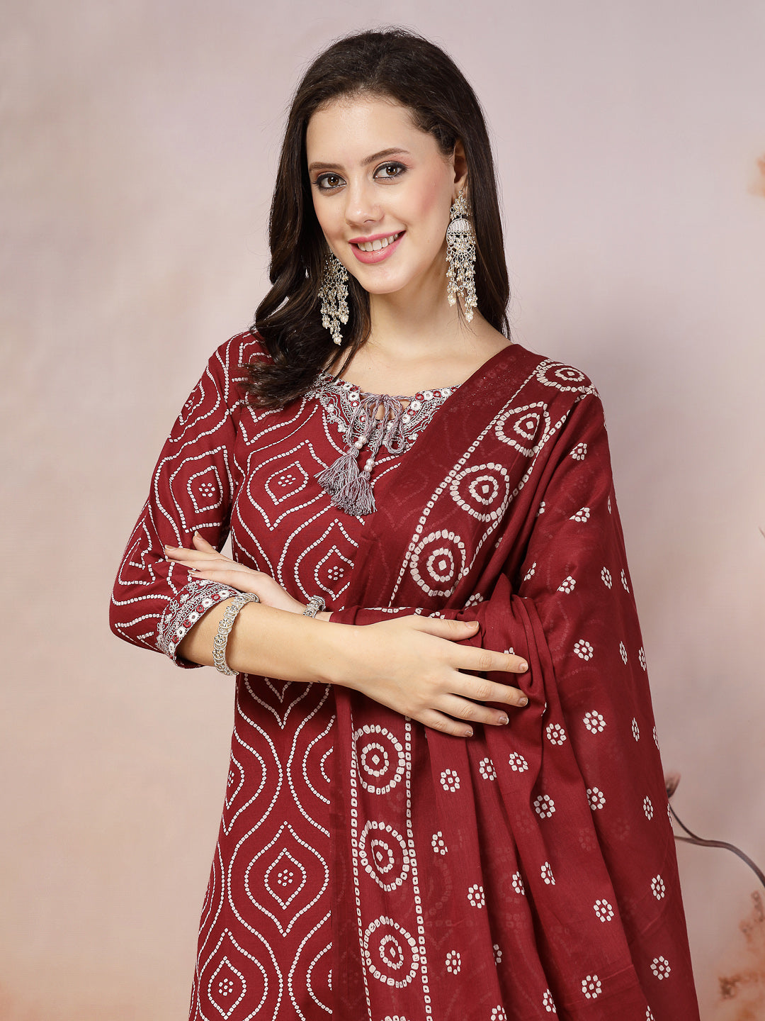 Maroon Bandhani Printed & Embroidered Cotton Straight Kurta Pant Dupatta Set