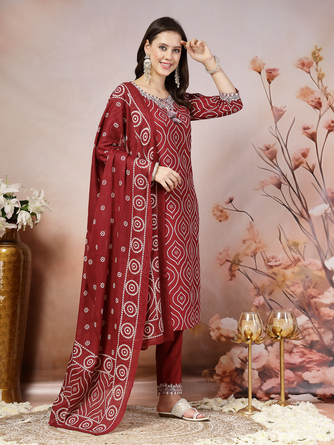 Maroon Bandhani Printed & Embroidered Cotton Straight Kurta Pant Dupatta Set