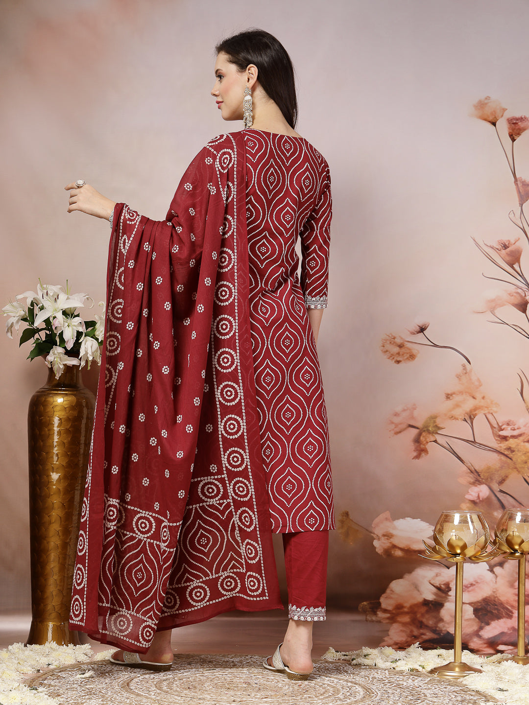 Maroon Bandhani Printed & Embroidered Cotton Straight Kurta Pant Dupatta Set